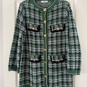 Mango Green Plaid Tweed Cardigan with Gold Buttons